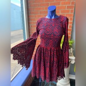 Ultra pink bell sleeve red lace mini dress